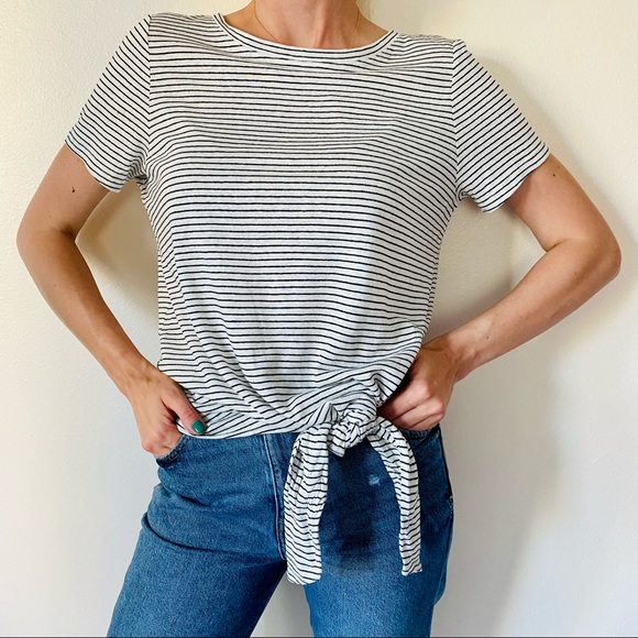 New Lauren Ralph Lauren linen Striped T-Shirt front knot top - Picture 2 of 10